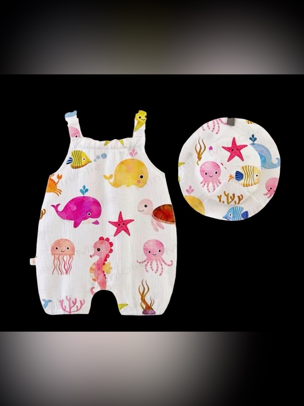 NWT MiniOlie Watercolor Sea Life Muslin Romper + Bucket Hat Outfit Set 3-6 month